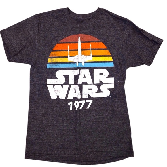 STAR WARS Men's SMALL Star Wars 1977 Charcoal Heather Vintage Style Logo Tee - Picture 1 of 8